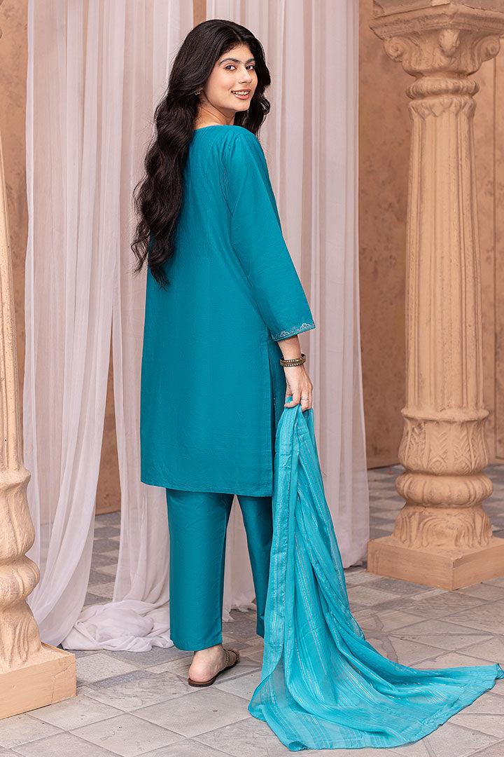 Teal Royale-3 Piece Embroidered Cotton Suit