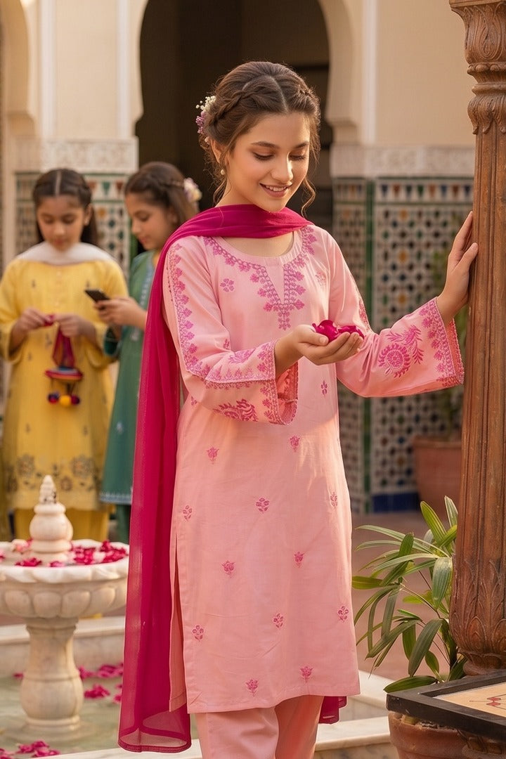 Pink Petal 3 Piece Embroidered Cotton Suit