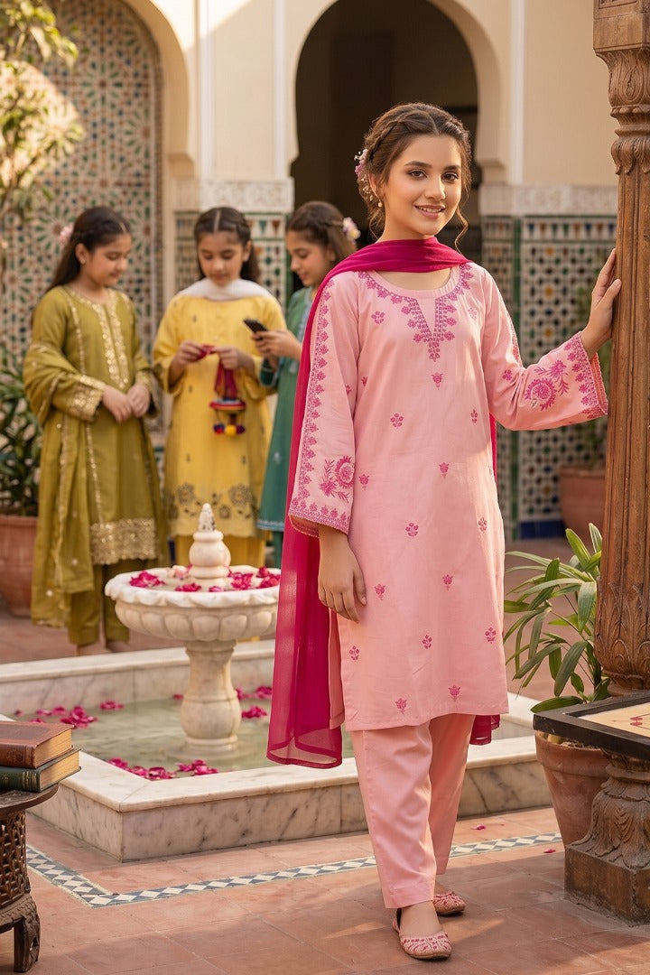 Pink Petal 3 Piece Embroidered Cotton Suit