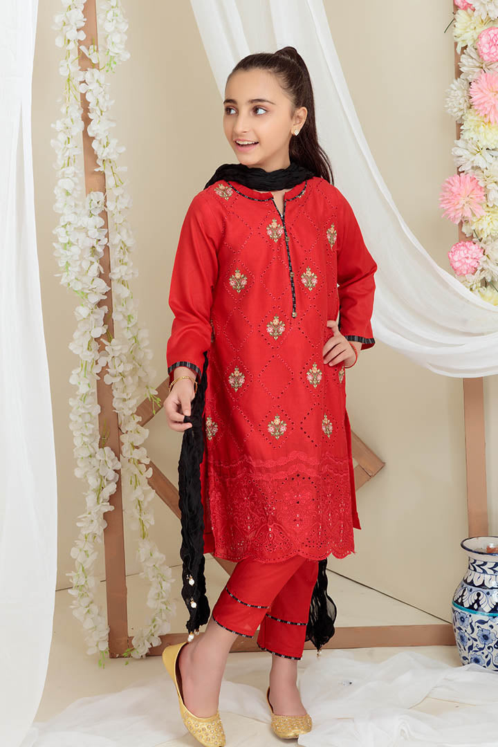 3 Piece Red Cotton Embroidered Suit