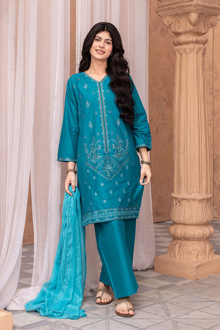 Teal Royale-3 Piece Embroidered Cotton Suit