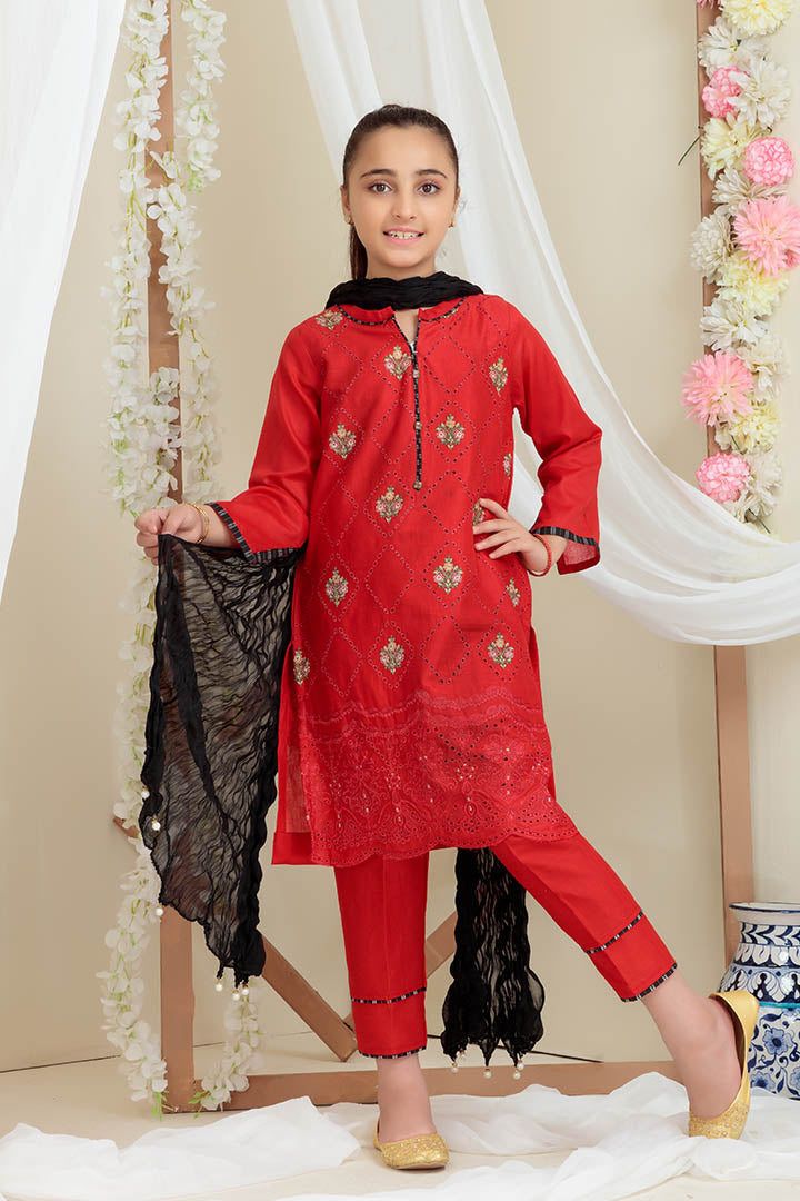 3 Piece Red Cotton Embroidered Suit