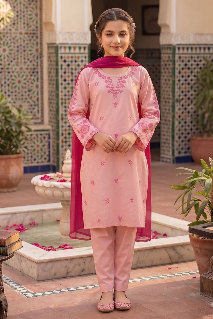 Pink Petal 3 Piece Embroidered Cotton Suit