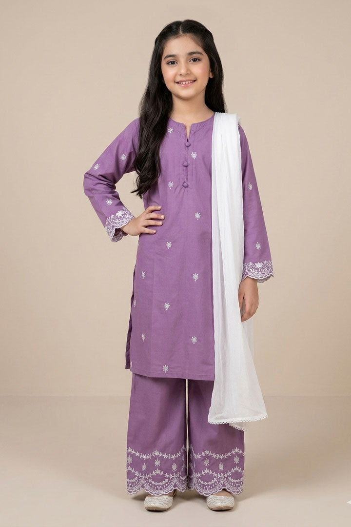 Moon Orchid-3 Piece Embroidered Cotton Suit