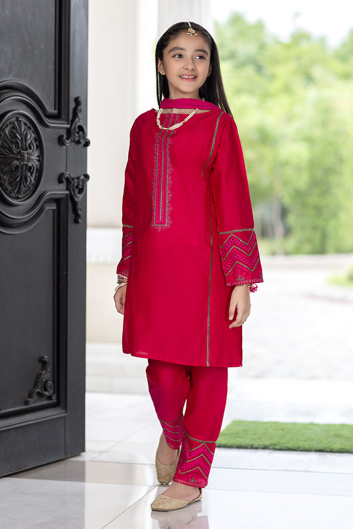 3 Piece Shocking Pink Embroidered Suit