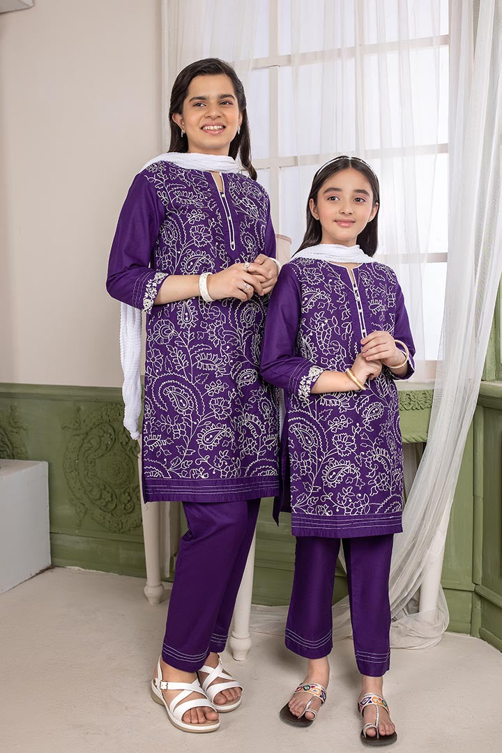 3 piece- Purple Cotton Embroidered Suit