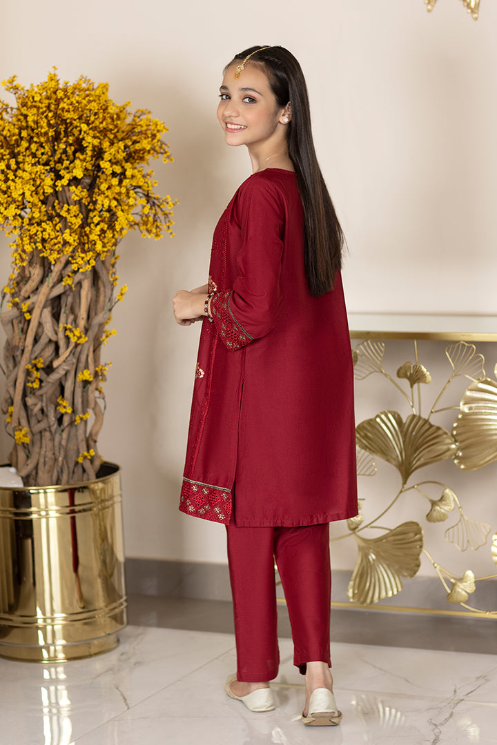 3 piece- Mehroon Embroidered Suit