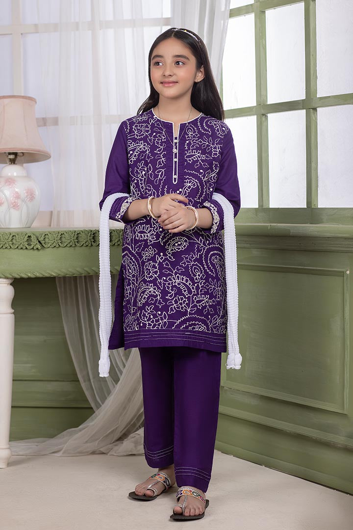 3 piece- Purple Cotton Embroidered Suit